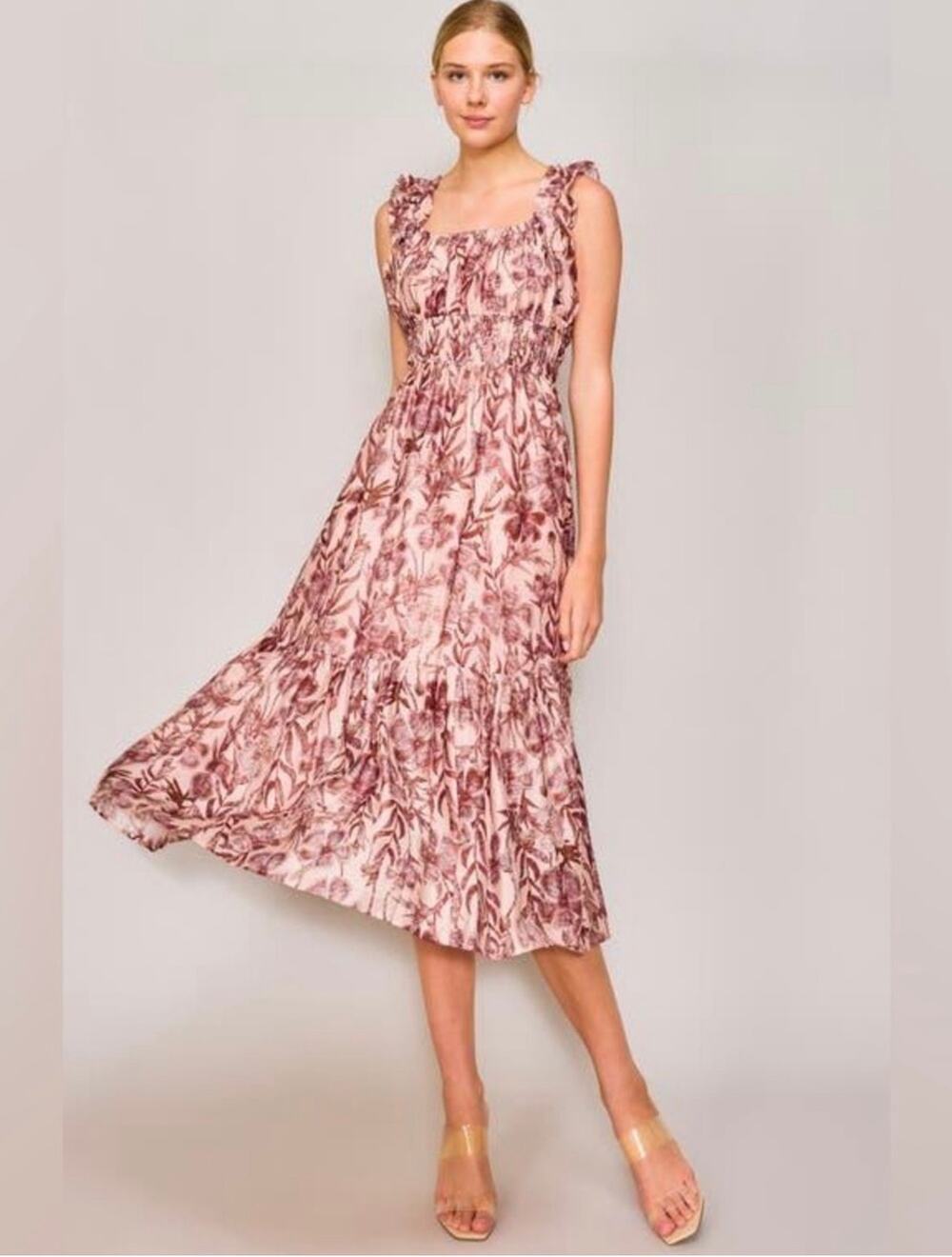 Melloday Pink Floral Tiered Midi Dress - Size S B10